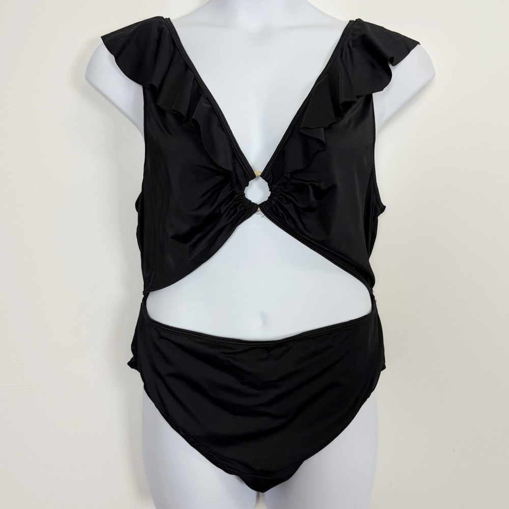 Pretty Little Thing One Piece Swimsuit Womens US 16 Black Cutout Ruffle